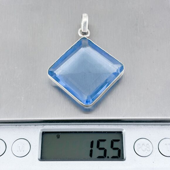 Vintage Sterling Silver 925 5.2cm Square Gem Cut Blue Spinel Pendant - Picture 7 of 7